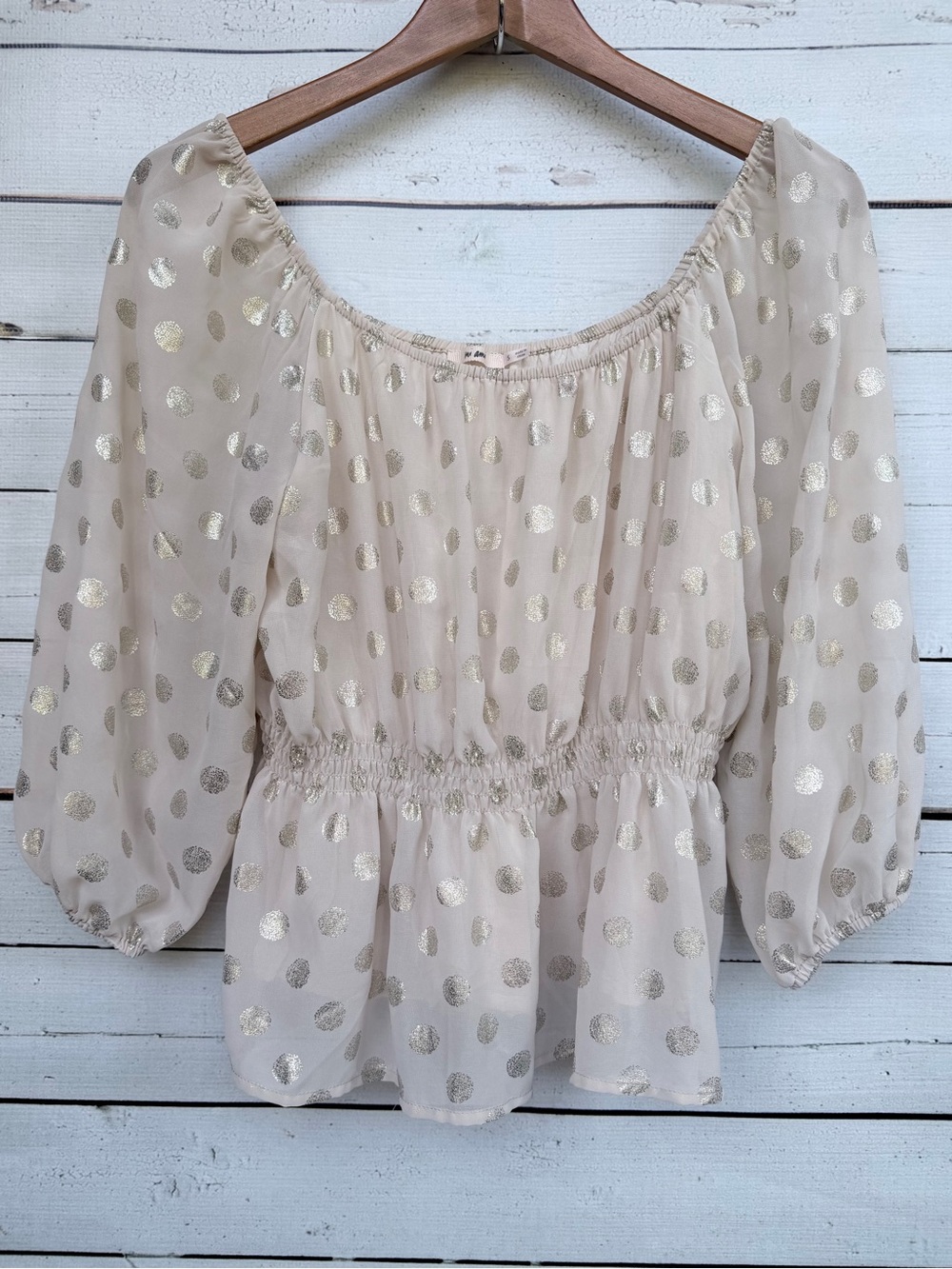 Mi Ami Metallic Polka Dot Smocked Peplum Balloon Sleeve Blouse - Size Small